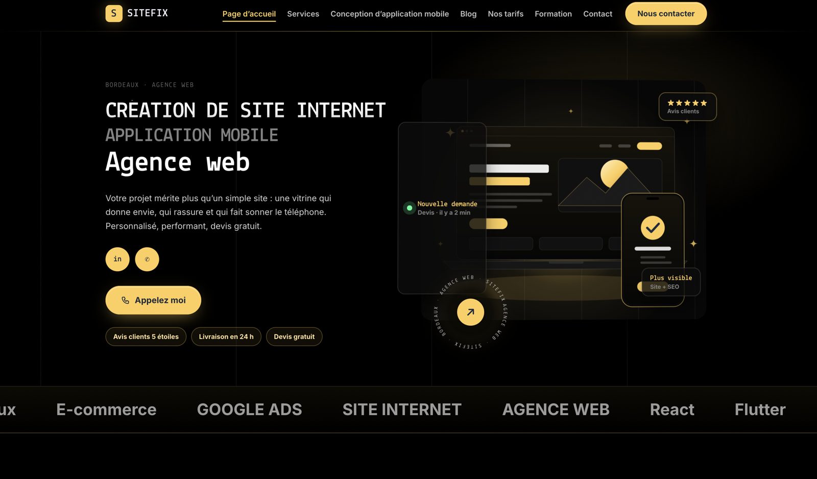 Página inicial do site sitefix.fr: création de site internet, application mobile, agence web à Bordeaux