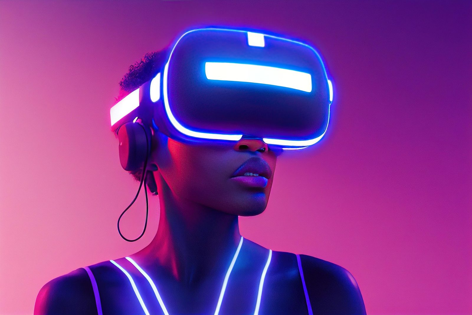 Mulher com óculos de realidade virtual luminosos
